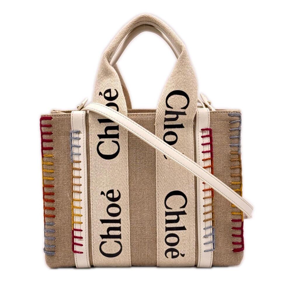 Chloe Linen Canvas Woody Small Tote Bag CHC22AS397H74 Handbag Beige Multicolo...